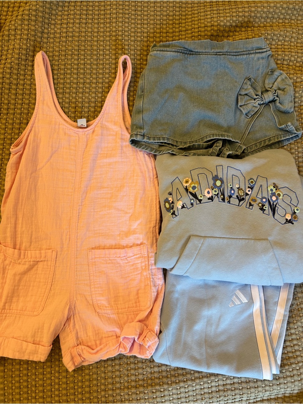 adidas sweatsuit old navy pink romper and denim skort.